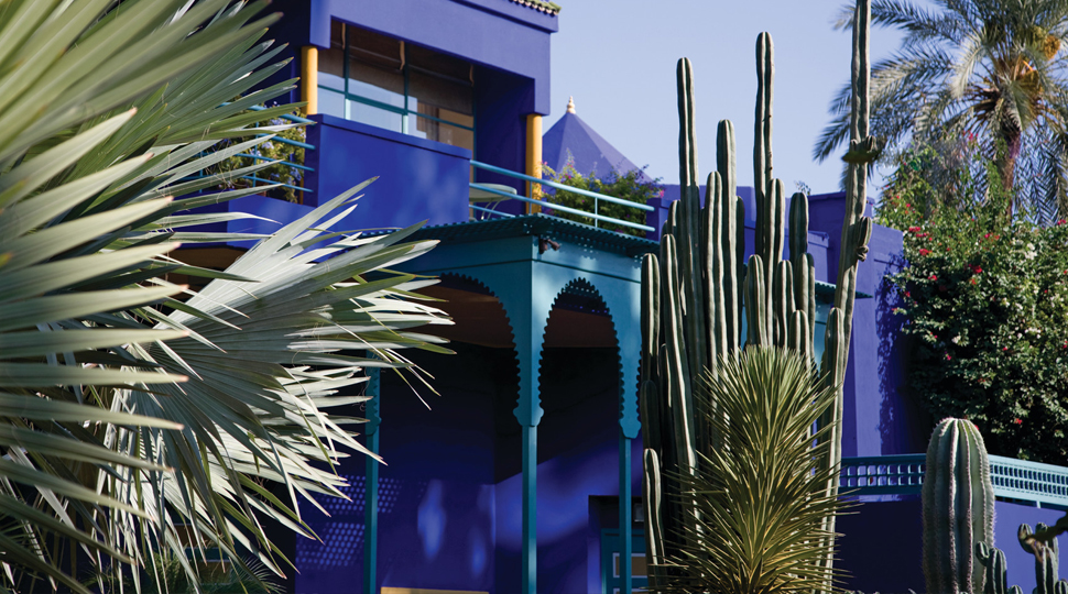 Bright blue exterior of Villa Oasis in Marrakech